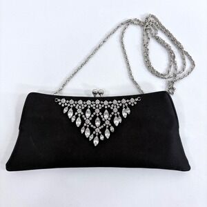 Valerie Stevens Evening Clutch Black Satin Rhinestone Crossbody Bag 90s Y2K Glam